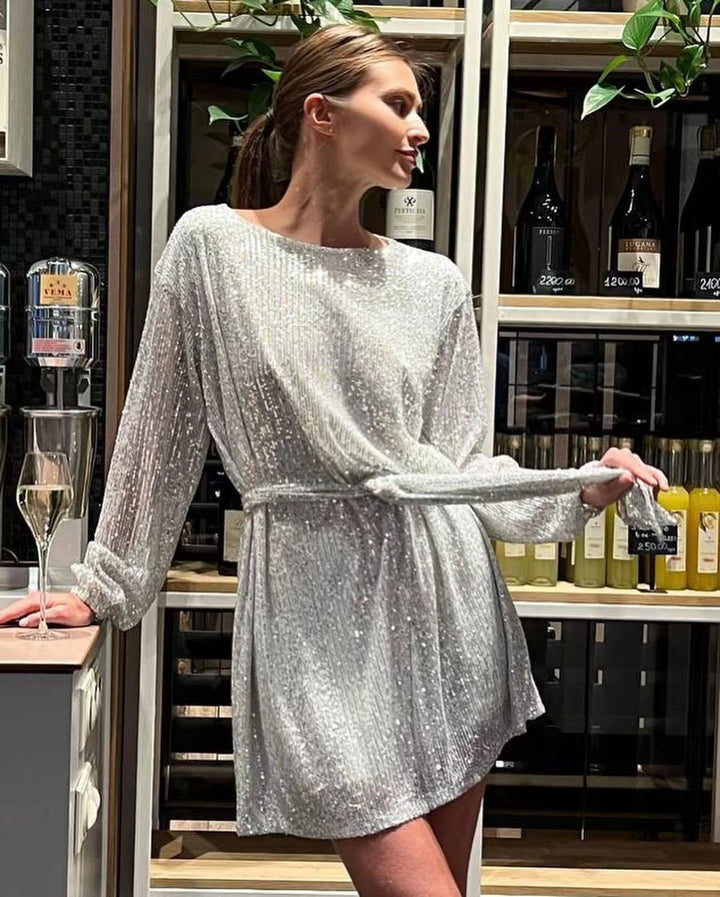 Dame Glamourøst Cocktailkjole med funklende Lurex-tråde og elastisk taljebælte Stilla