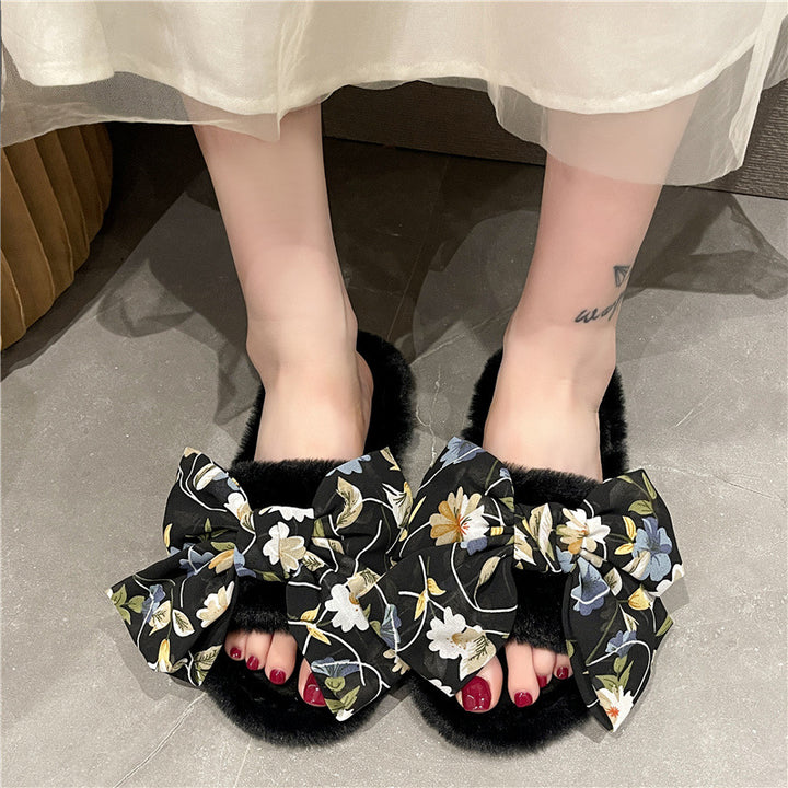 Dame hjemmesko med floral sløjfe-design og blødt plush-for Stilla