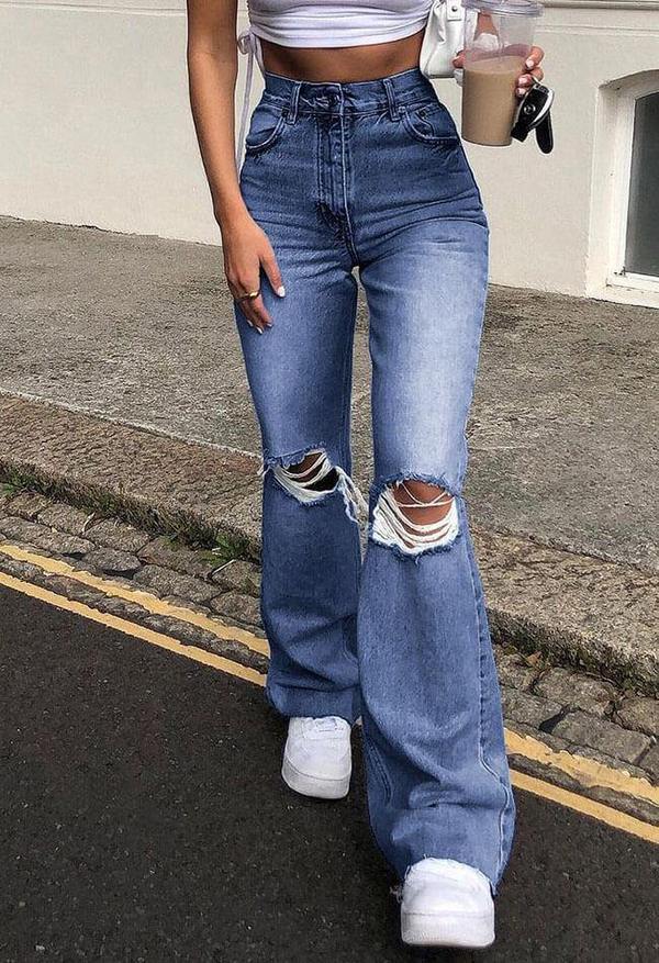 Damer Bredt skårne jeans i ekstravagant Destroyed-stil med høj talje Stilla