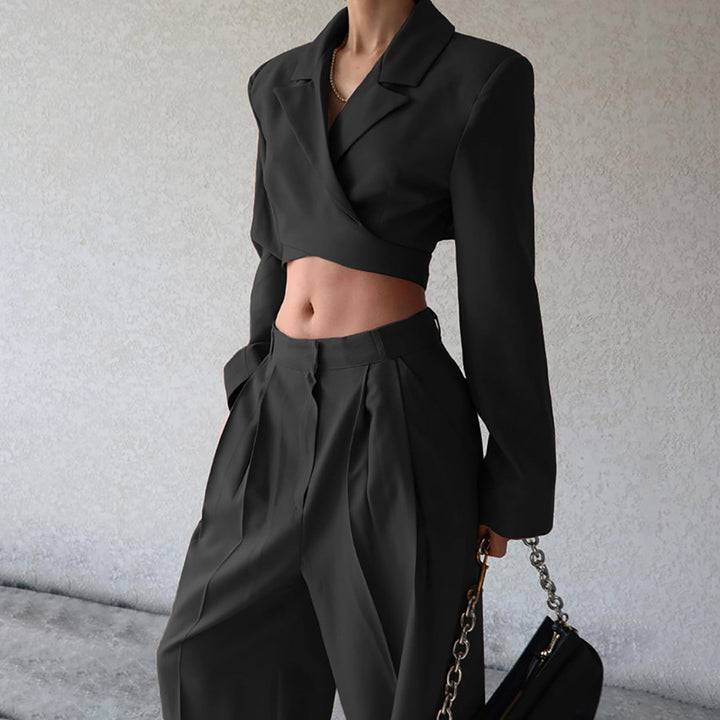 Dame elegant cropped blazer og brede bukser sæt Stilla
