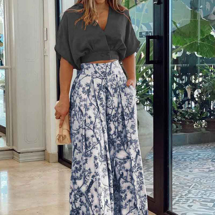 Kvinders elegante crop top med brede ærmer og højtaljede bukser Stilla
