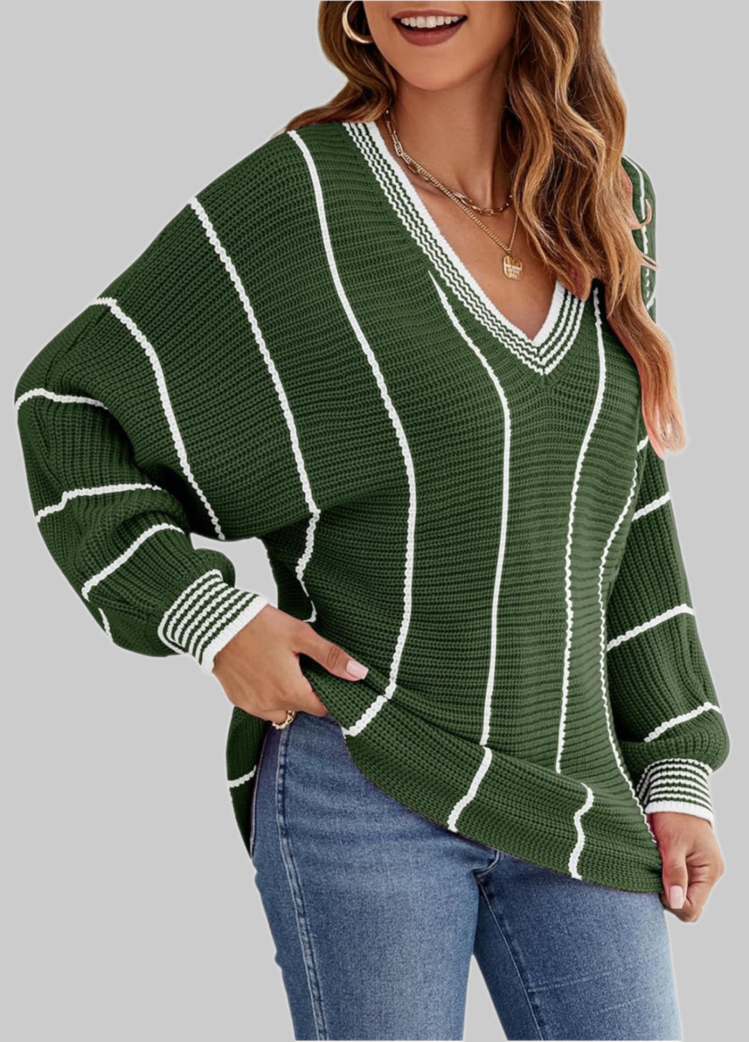 Damer Stilfuld Sweater med V-Hals og Stribet Design Stilla
