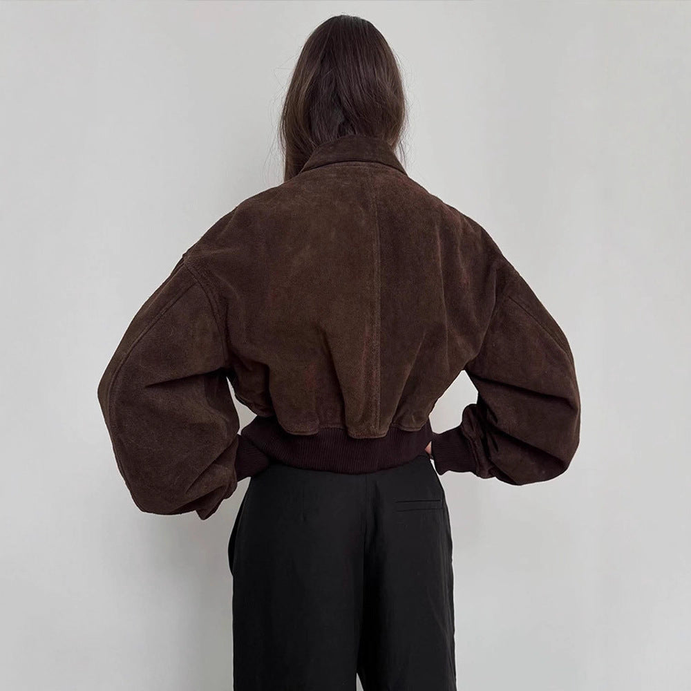 Dame Oversized Suede Jakke med Polstrede Ærmer Stilla