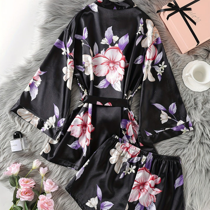 Dame Floral Satin Kimono og Shorts Sæt Stilla