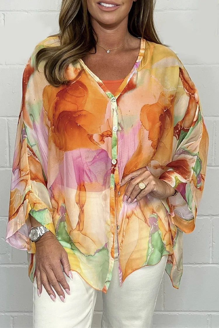 Dame luftig overbluse i akvarel-look Stilla