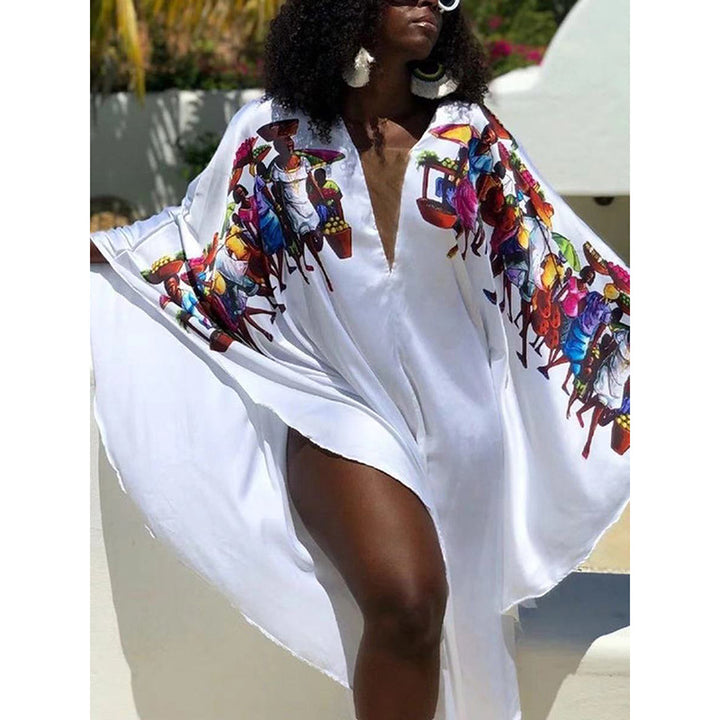 Dame luftig strandkimono med farverigt kulturelt motiv Stilla