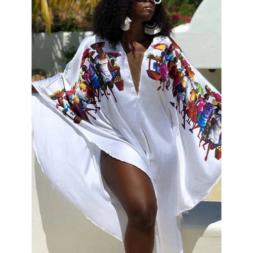 Dame luftig strandkimono med farverigt kulturelt motiv Stilla