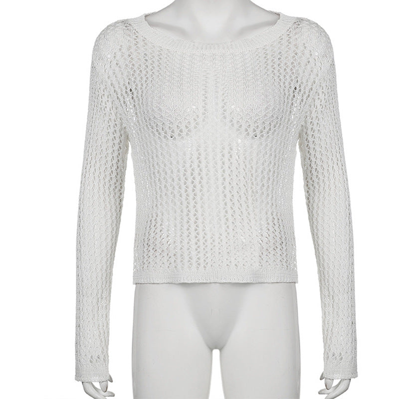 Damens let strikket pullover med fint netmønster Skovae