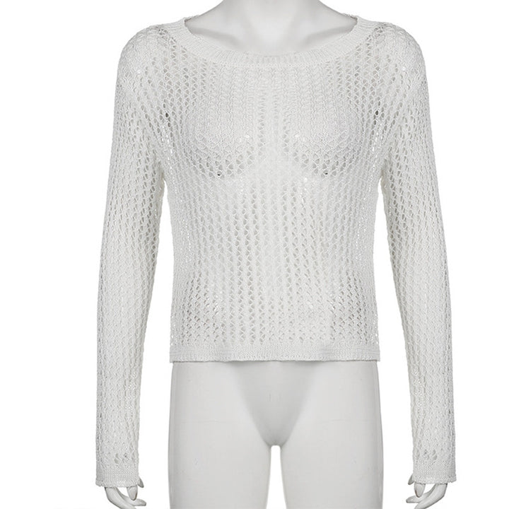 Damens let strikket pullover med fint netmønster Skovae