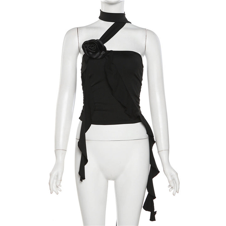 Dame off-shoulder top med elegante flæser og blomsterapplikation Stilla