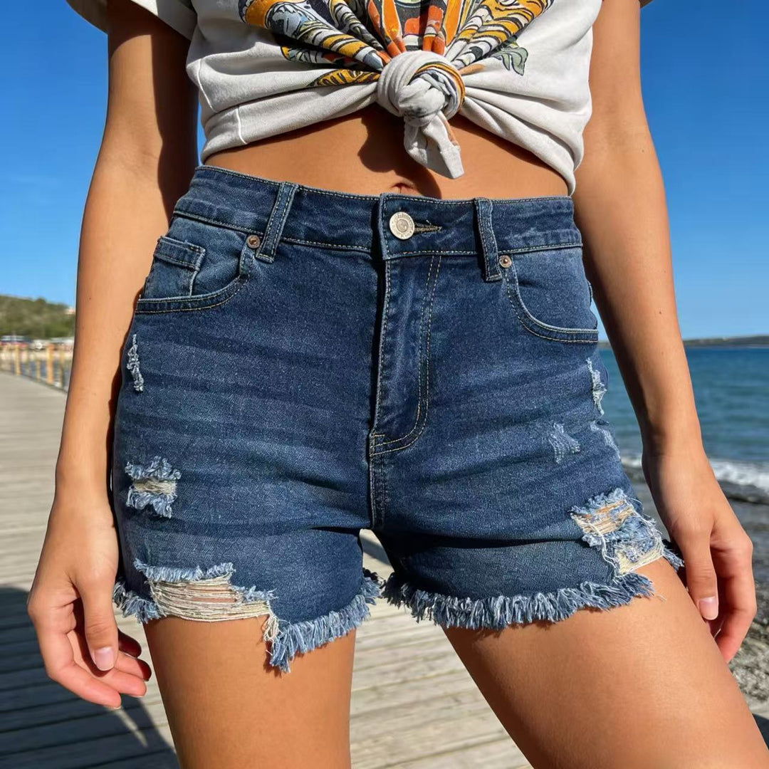 Dame Destroyed Denim-shorts med frynset kant og stilfulde revnedetaljer Skovae