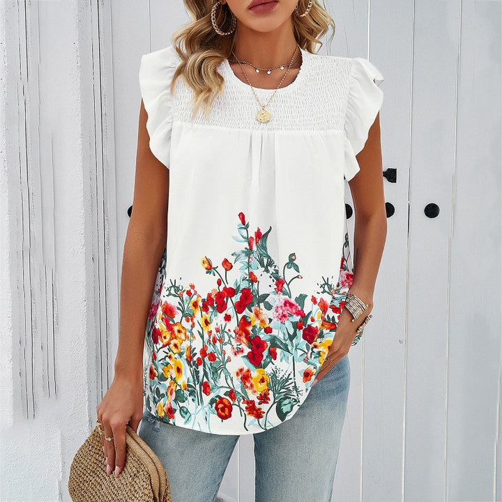 Dame blomster mønster bluse top med flæse detaljer Stilla