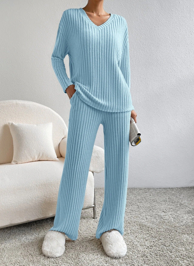 Dame Strik-Loungewear Sæt med Ribstruktur og V-udskæring Stilla