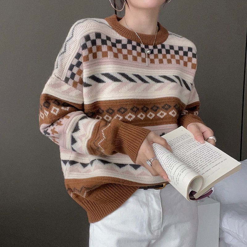 Kvindernes chunky strik sweater med geometrisk mønster og løs pasform Stilla