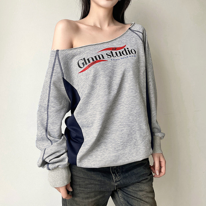 Dame Trendy OverStørrelse-Sweatshirt med legende Off-Shoulder-snit og kontrasterende detaljer Stilla
