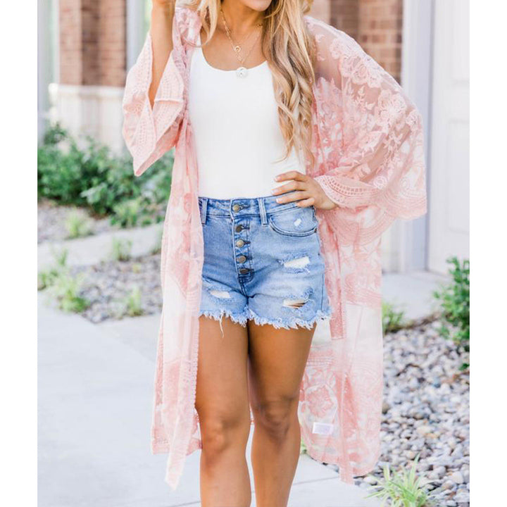 Dame luftig Crochet-Kimono med blomsterdetaljer Stilla