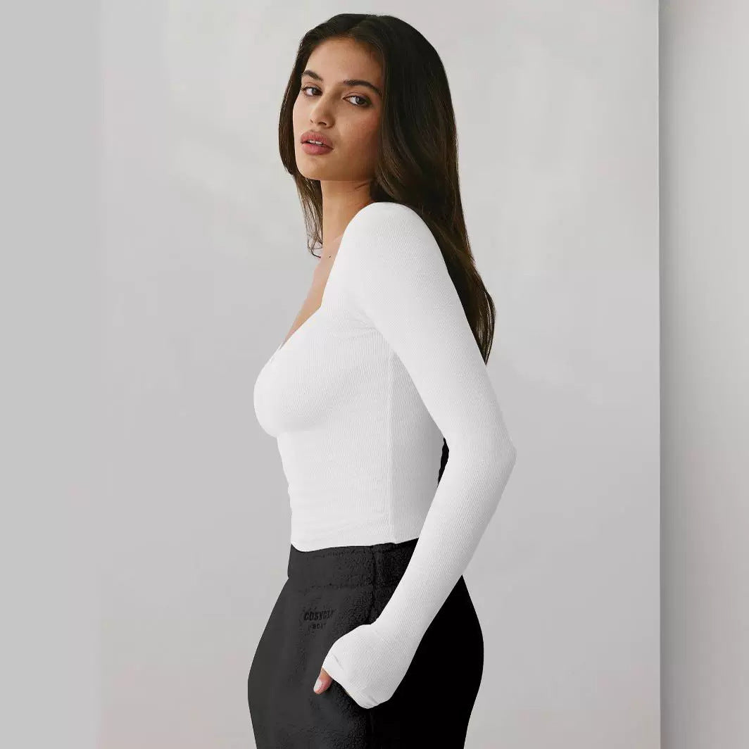 Dame figursyet langærmet t-shirt med dyb rund halsudskæring og rynkning Stilla