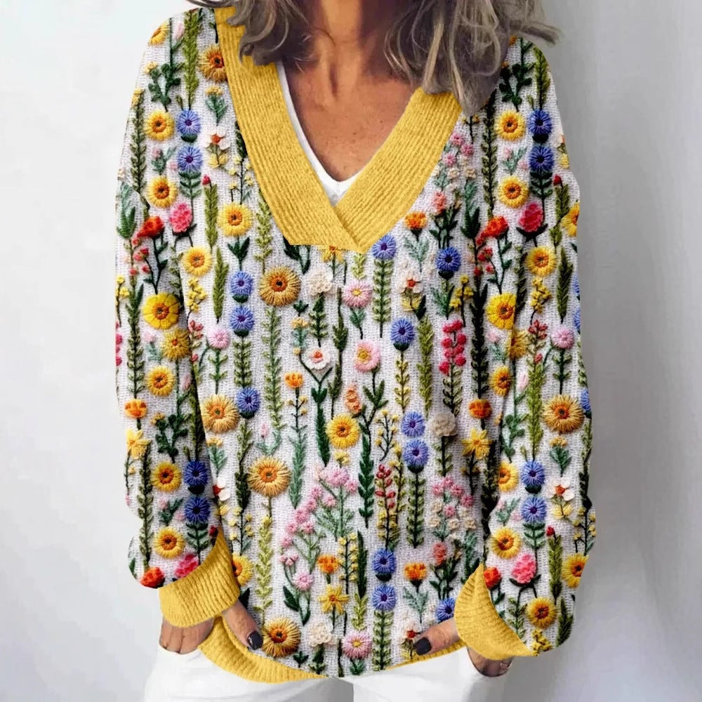Kvinders V-hals sweater med blomsterdesign og afslappet pasform Stilla