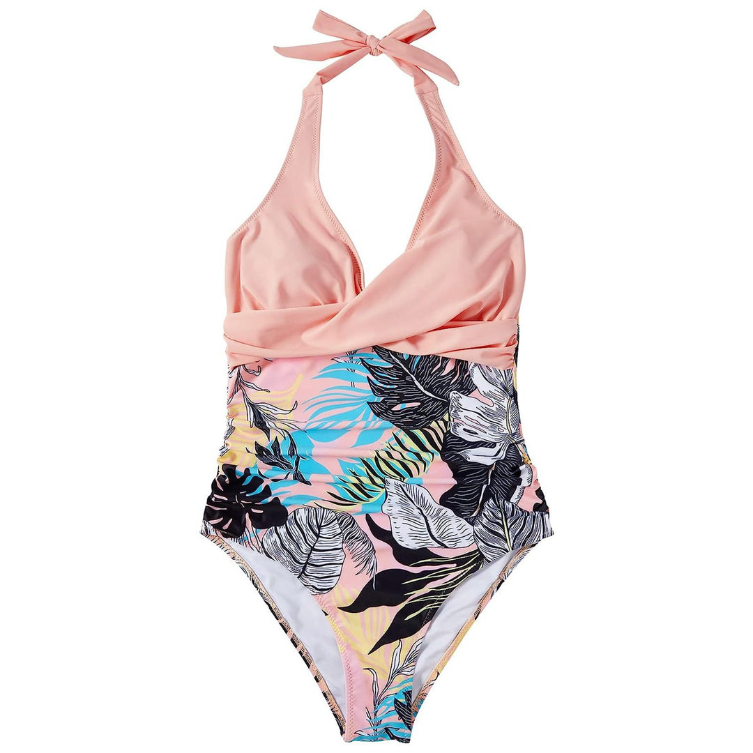 Dame one-piece badedragt med floral indpakningsdesign og justerbare stropper Skovae