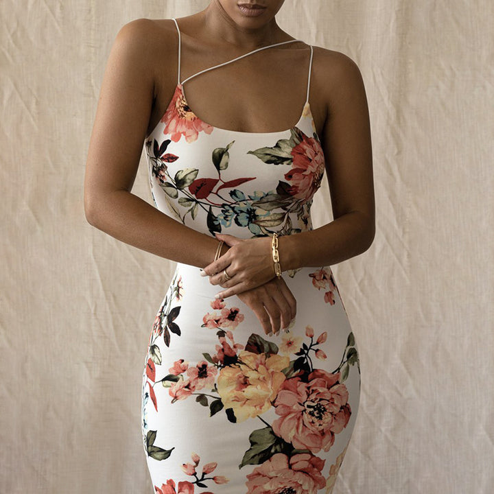 Kjole med blomsterprint til damer i bodycon-stil med asymmetrisk stropdesign Stilla