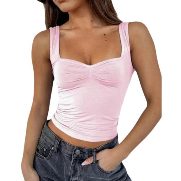 Dame Crop-Top med rynket detalje og kvadratisk udskæring Skovae