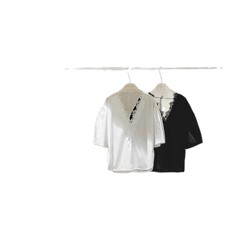 Dame elegant bluse med fine spids dekorationer og moderne V-udskæring Stilla