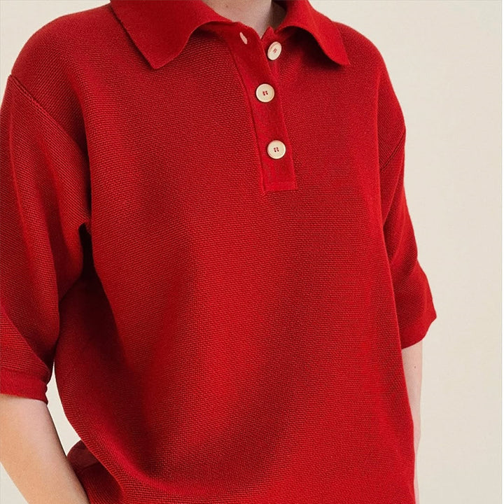 Dame polo shirt med luftig striktekstur og knapbar krave Stilla
