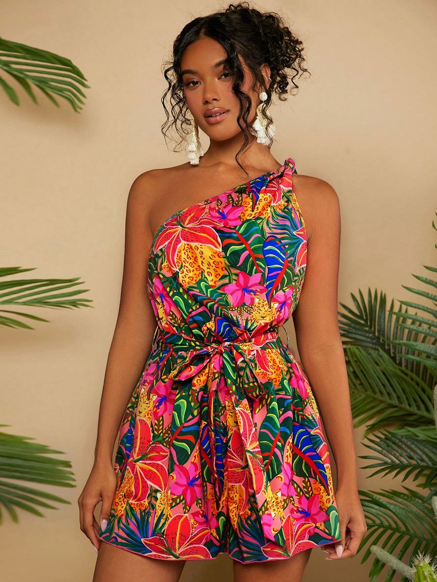 Dame En skulder playsuit med blomsterprint og talje bælte Skovae