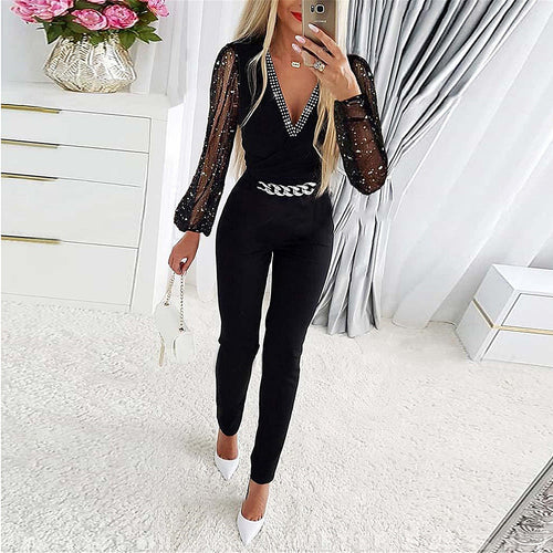 Stilla | Jumpsuit Slim Fit V-udskæring med diamantdetaljer Skærmærmer Kædebælte