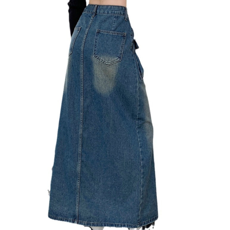 Kvinders lange denimnederdel med praktiske patchlommer Stilla