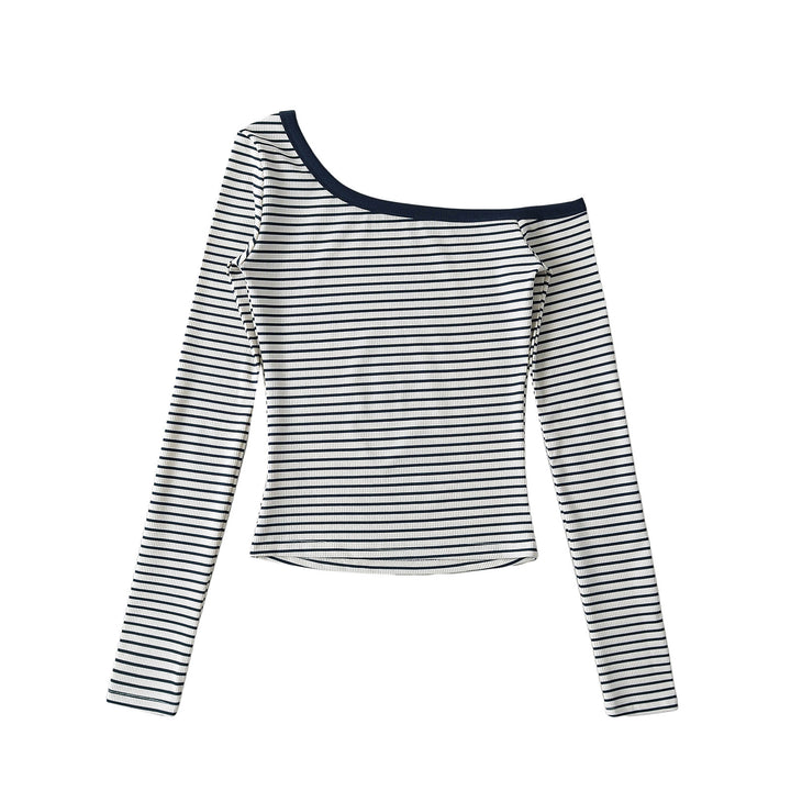 Dame asymmetrisk langærmet skjorte med maritimt stribemønster og off-shoulder design Stilla