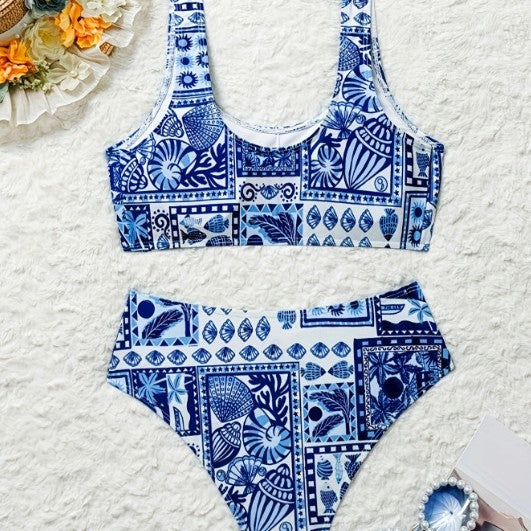 Dame Højskåret Bikini-Sæt med modigt Flise-Mønster Stilla