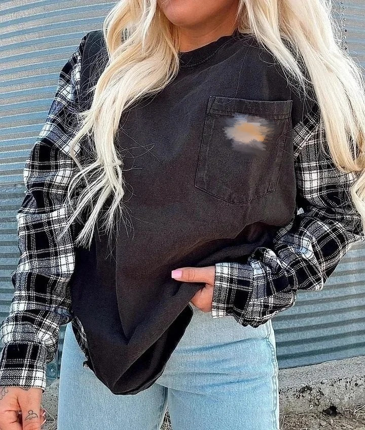 Dame nan oversize sweatshirt i materialemix med ternede ærmer og påsyet brystlomme Skovae