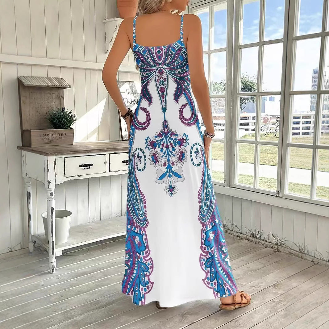 Dame Maxikjole med elegant blomsterdesign og smalle stropper Stilla