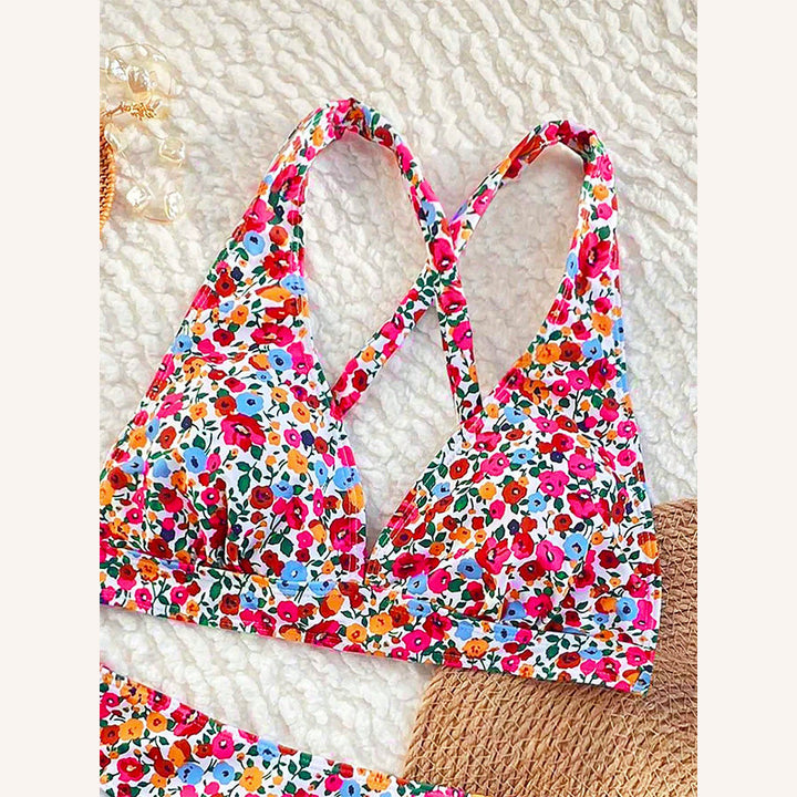 Dame To-delt Bikini-sæt med dyb V-hals og blomsterdesign Skovae