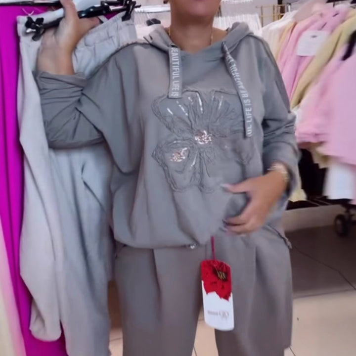 Dame nan afslappet Lounge-sæt med blomster-pailletter-hoodie, snøre og bredt buksefold Skovae