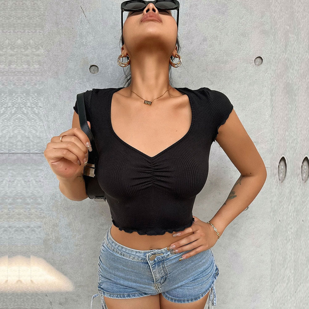 Kvinders cropped top med elastisk samling og trendy V-hals Stilla
