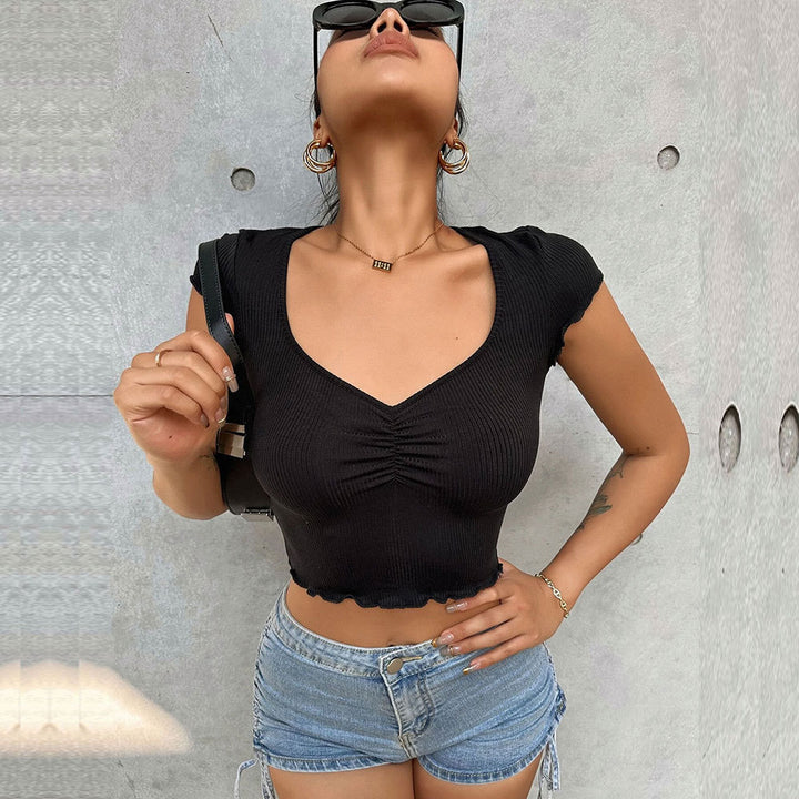 Kvinders cropped top med elastisk samling og trendy V-hals Stilla