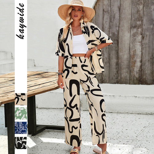 Dame Luftig Sæt bestående af cropped top med mønstret kimono og bred bukser Stilla