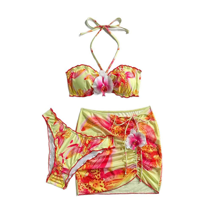 Dame bandeau-bikini med blomsterdesign og indviklet nederdel Skovae