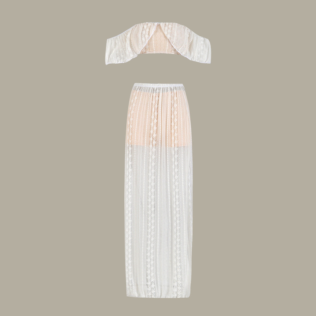 Dame to-delt med elegant bandeau-overdel og gennemsigtig maxi-nederdel Stilla