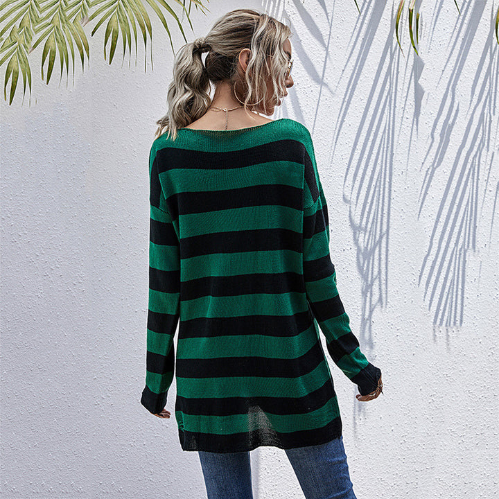 Dame stribet Oversized Pullover med dyb V-udskæring og trendy Cut-Outs Stilla