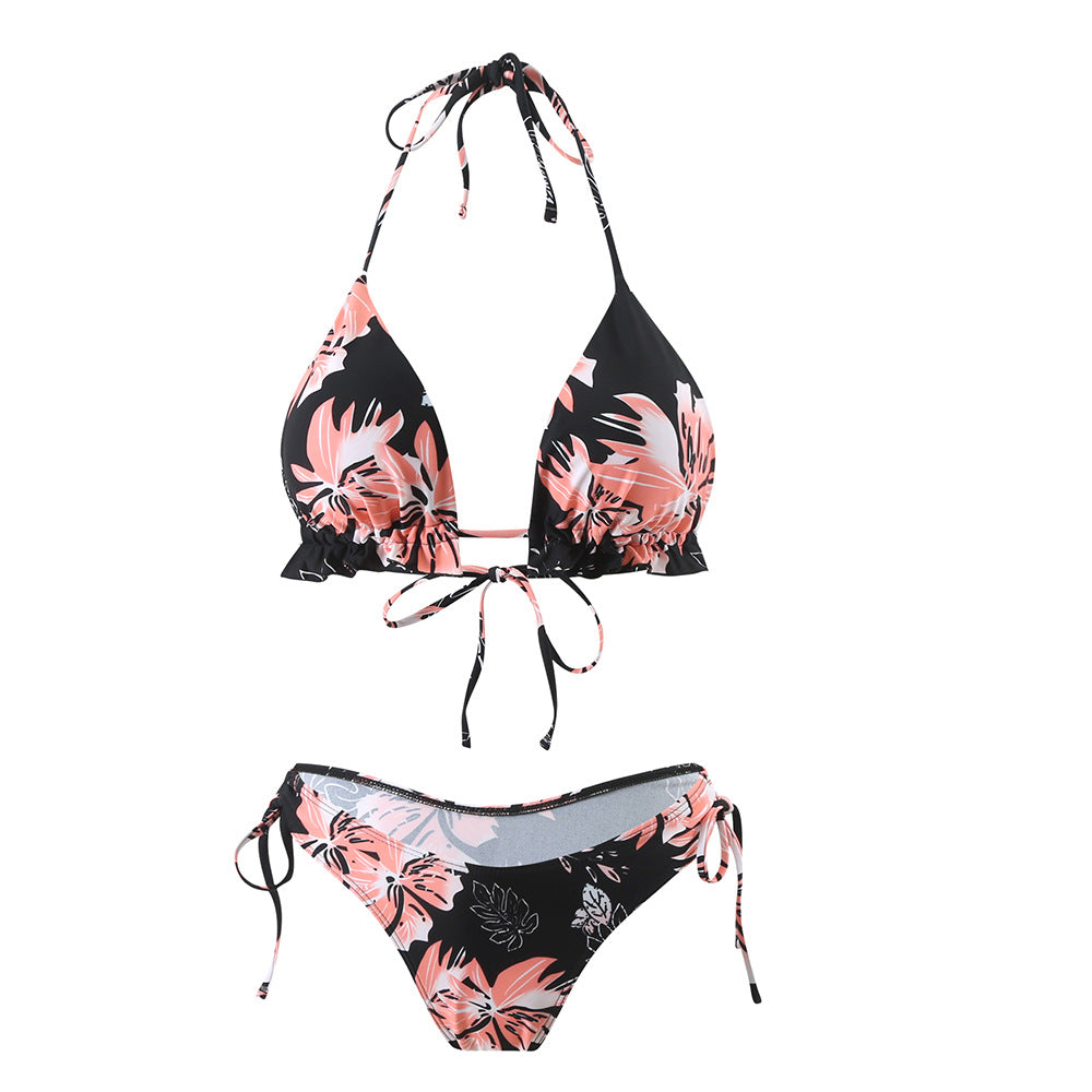 Dame triangel-bikini med blomsterprint og justerbare bindebånd Stilla