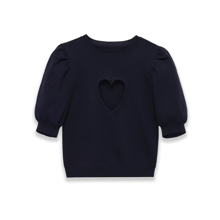 Dame bomulds sweater med hjerteformet udskæring og modige puffærmer Skovae