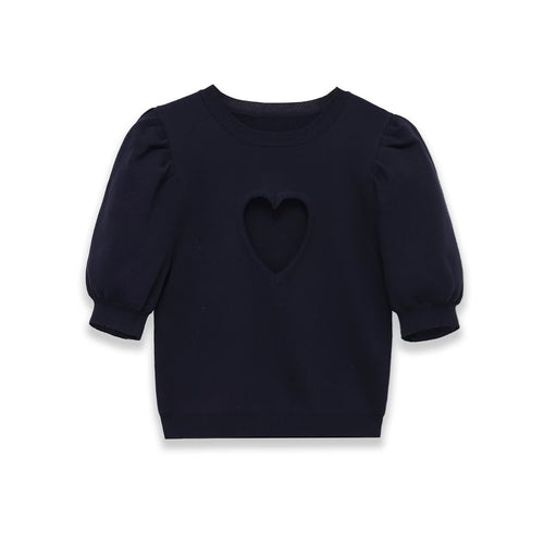 Dame bomulds sweater med hjerteformet udskæring og modige puffærmer Skovae