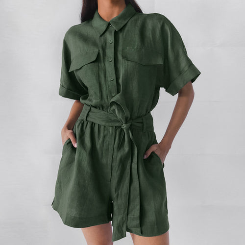 Dame behagelig kort jumpsuit med mode skjortekrave og bindebælte Stilla
