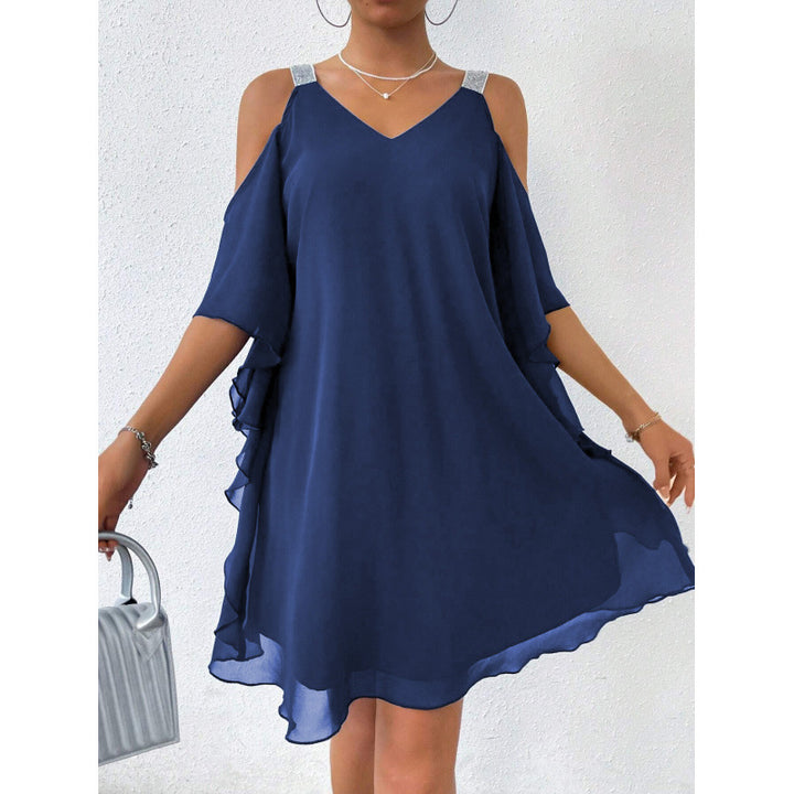 Kvinder Kold Skulder Chiffon Kjole med glitrende Detaljer Stilla