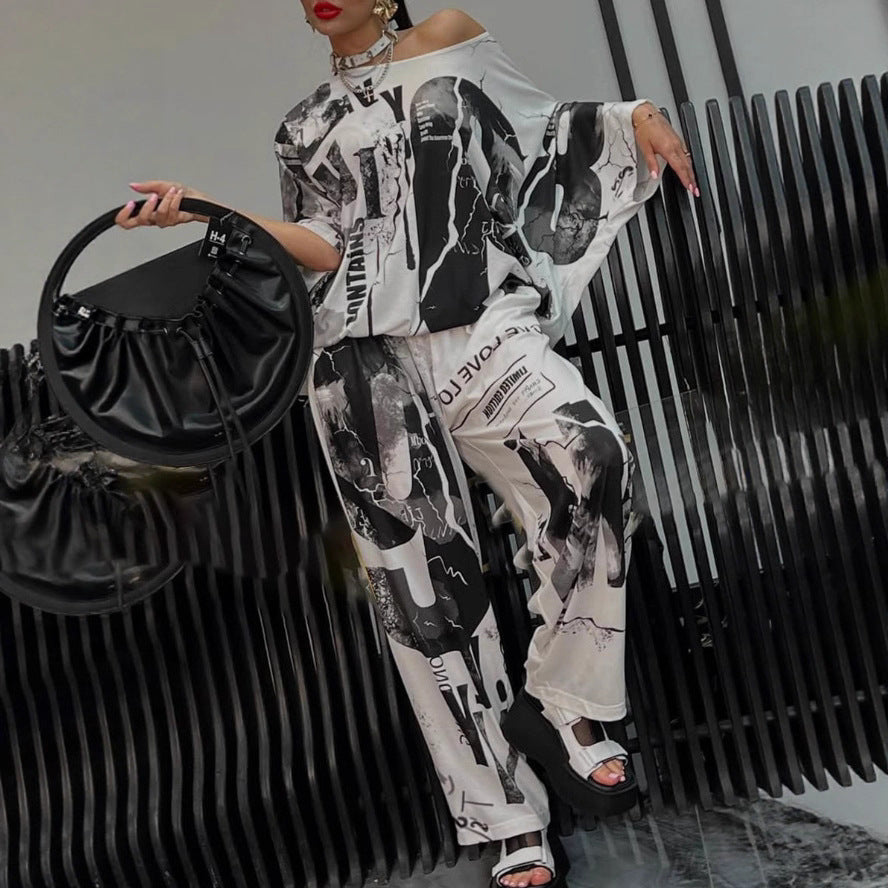 Dame nan to-delt løs satin fritids-sæt med off-shoulder flagermus-top og palazzo-bukser Skovae