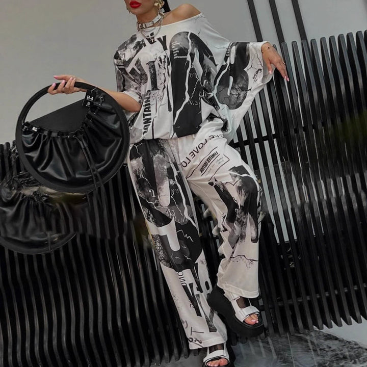 Dame nan to-delt løs satin fritids-sæt med off-shoulder flagermus-top og palazzo-bukser Skovae