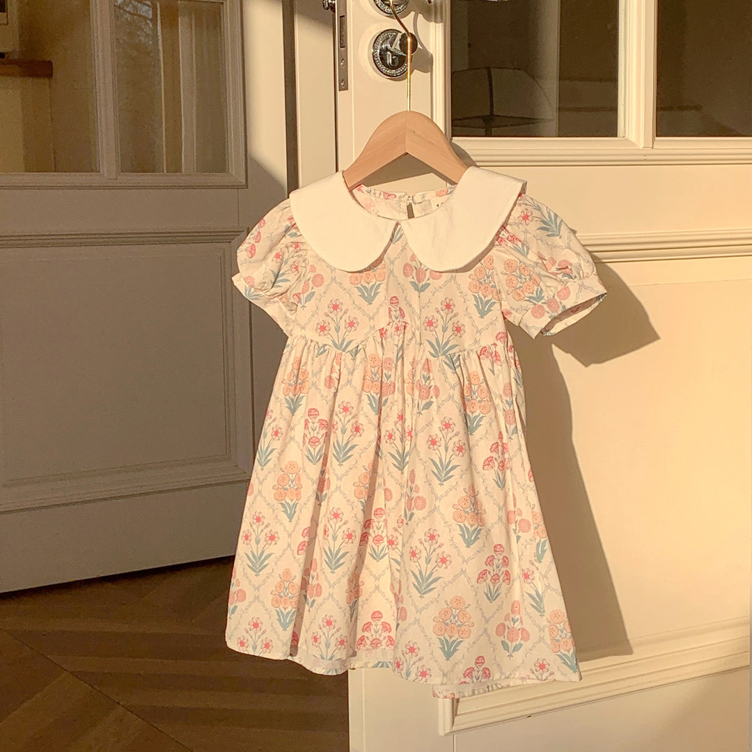 Pige Floral Print Kortærmet Kjole med Peter Pan Krave Stilla